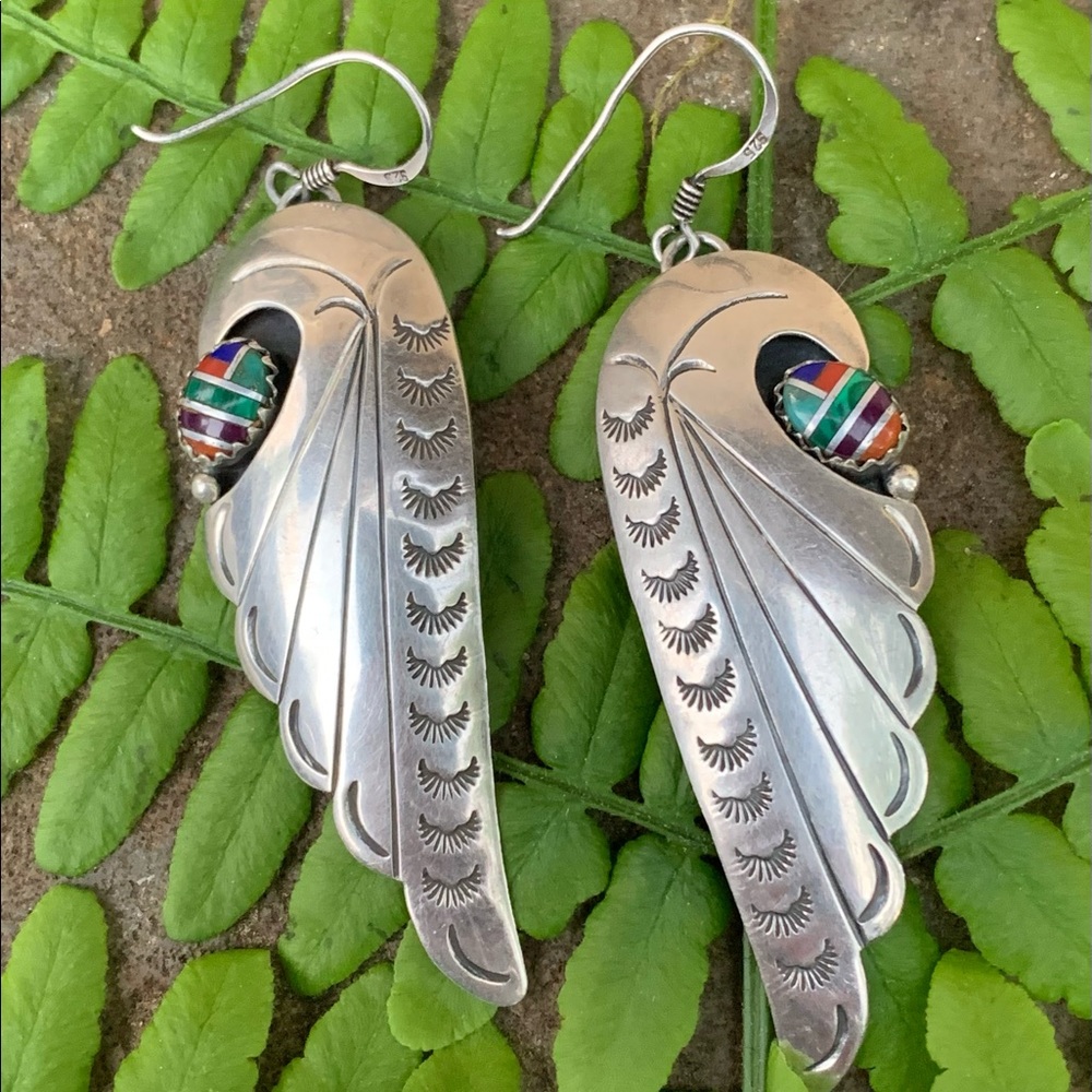 Navajo Wilton Carviso Sterling Feathered Wing Earrings